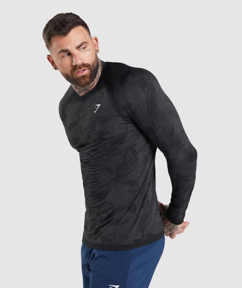 Koszulki Gymshark Geo Seamless Long Sleeve Męskie Czarne | PL 137HUT